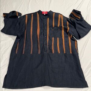 African Men's Casual Button Down Shirt - Black and Orange